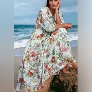 Johnny Was Liliana Dolman Tiered Silk Embroidered Floral Peasant Flowy Dress